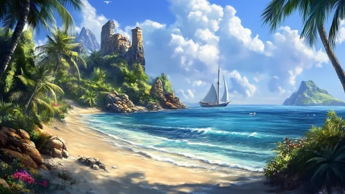 Tropical Archipelago Seascape with Sailboat and Geological Formations.