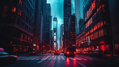 Neon-lit arterial city street shows high-contrast cyan and red glow