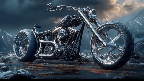 Custom chrome chopper motorcycle dominates icy alpine landscape