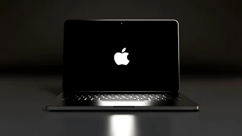 Sleek open laptop with luminous logo on dark reflective desk.