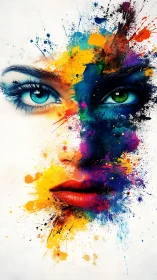 Vivid female portrait splits into explosive color splashes