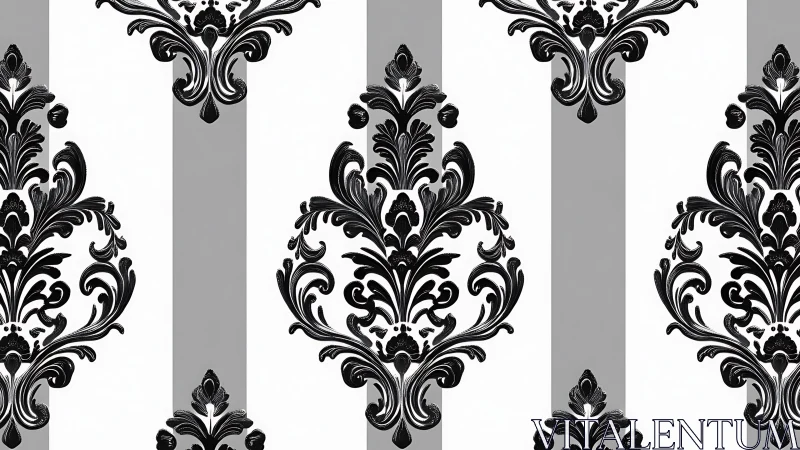 Vertical striped layout organizes mirrored black damask motifs