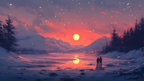 Couple watches vivid sunset over snowy mountain lake.