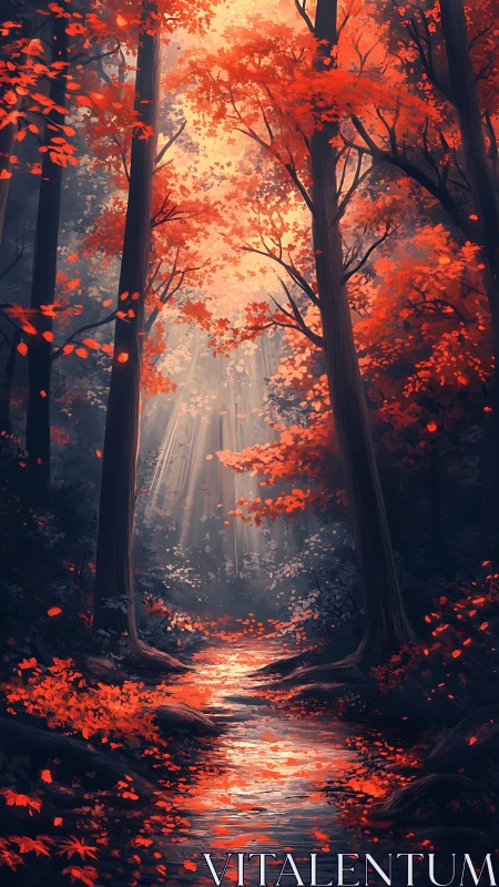 Autumn Forest Pathway with Golden Light and Falling Leaves