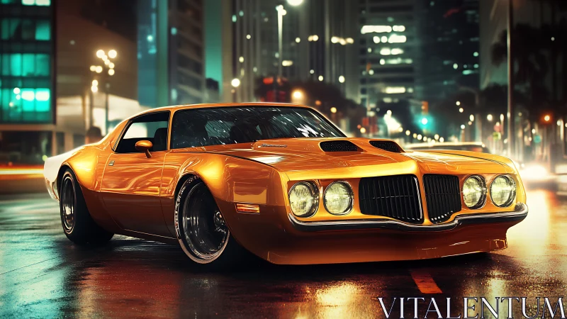 Golden muscle car glows against a neon soaked city night