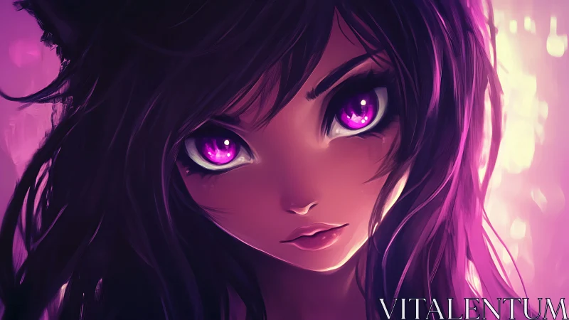 Intense anime girl portrait with glowing violet eyes.