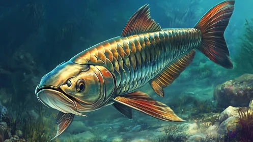 Golden-scaled arowana swims through luminous reef waters.