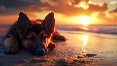 German shepherd puppy rests on glowing sunset shoreline.
