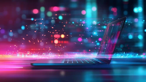 Sleek laptop streams neon data in a vivid digital landscape