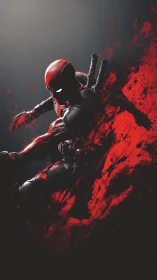 Dynamic masked antihero dives through bold red streaks