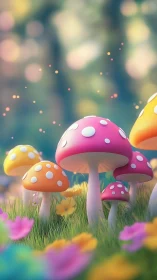 Colorful spotted mushrooms stand in soft-focus meadow
