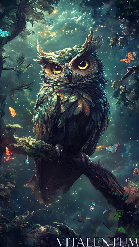 Star-swept forest owl guarding a luminous butterfly frontier.