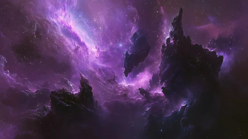 Violet nebula towers rise through glowing cosmic dust field