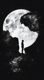 Monochrome lunar silhouette aligned with nebular starfield continuum