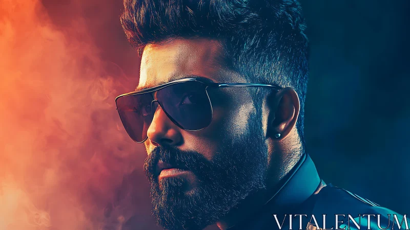 Stylized bearded man in sunglasses with bold neon lighting.