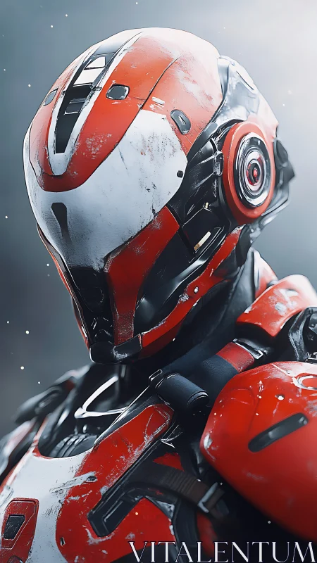 Armored sci fi soldier stands under diffuse cold backlight