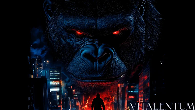 Neon city showdown under the gaze of a colossal ape spirit.