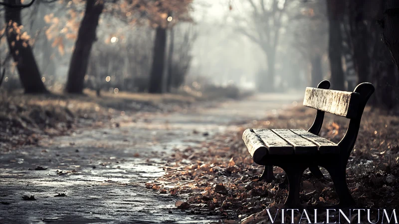 Lonely park bench beside misty autumn pathway at dawn.