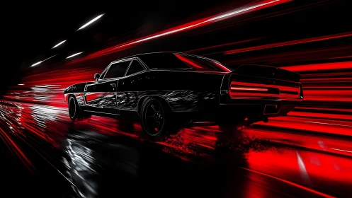 Midnight muscle car erupts through neon red speed trails.