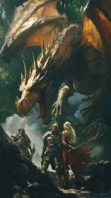 Adventurers confronted by a dragon in dense forest scene.
