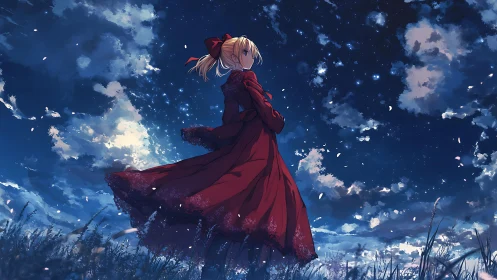 Anime girl in red dress under starry twilight sky field