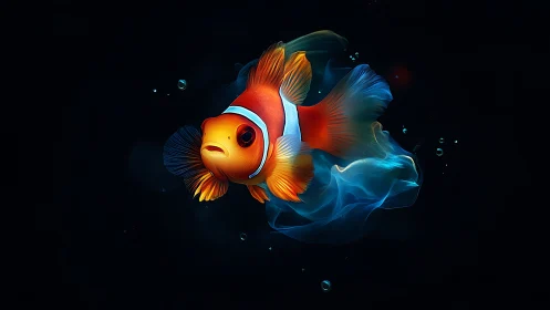 Digital rendering of clownfish in dark aquatic space.