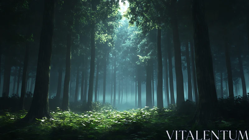 Emerald Cathedral: Ancient Forest Path Shrouded in Mystical Mist