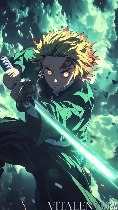 Storm-lit swordsman cutting through the sky in fierce focus.