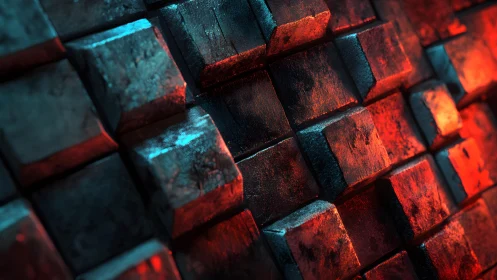 Metallic cubes with dramatic red and blue lighting, abstract 3D style.