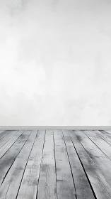 Empty white wall with worn gray wooden plank floor.