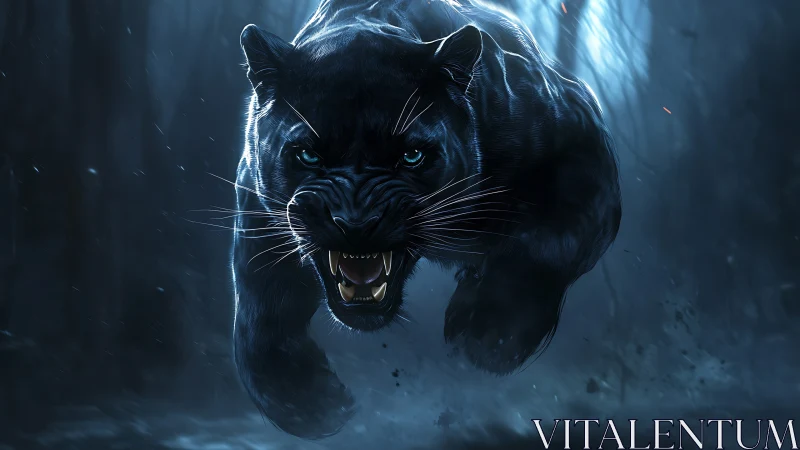 Digitally rendered black panther bearing fangs with luminous cyan eye highlights