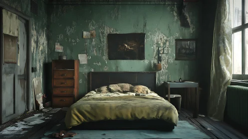 Decayed bedroom interior with peeling walls and soft light.