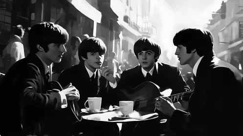 Monochrome street caf&eacute; quartet with guitars and coffee.