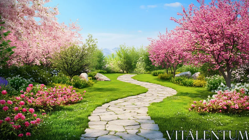 Soft spring garden path curves through bright blossom trees