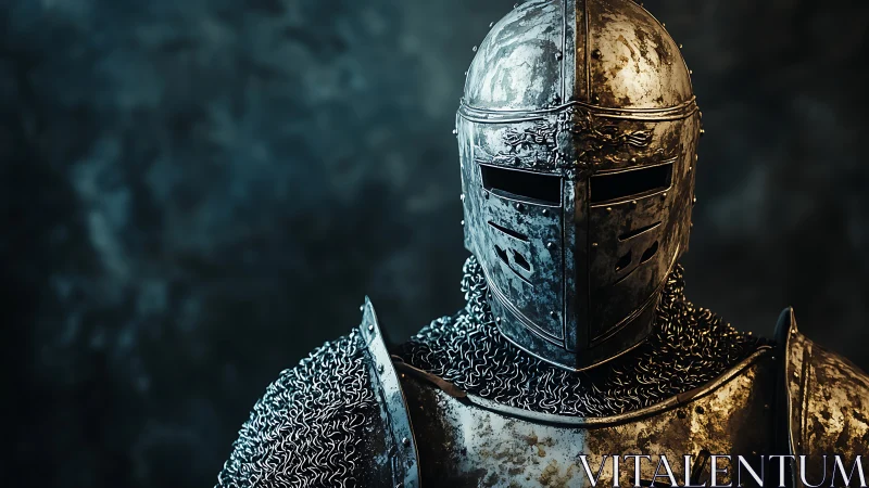 Quiet strength of a lone medieval knight in worn steel armor.