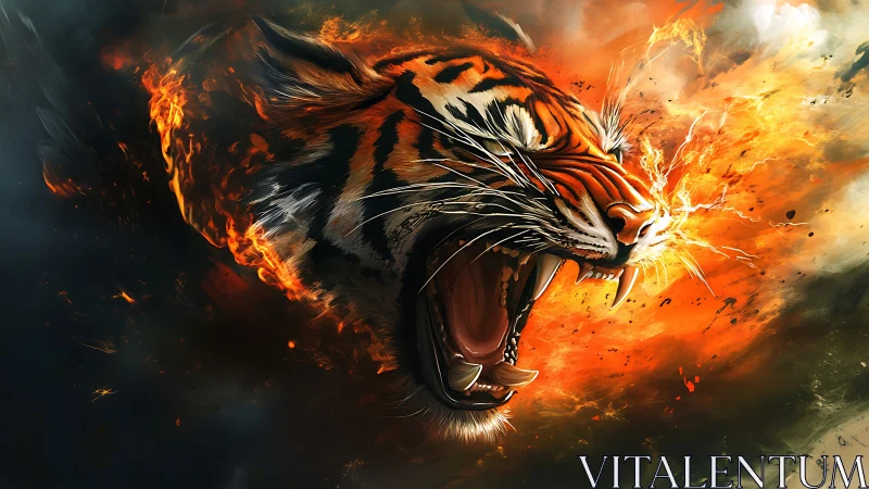 Explosive tiger portrait merges dynamic fire simulation and motion blur