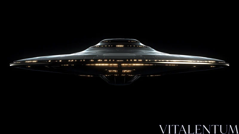 Disc-shaped spacecraft with illuminated hull on dark field.