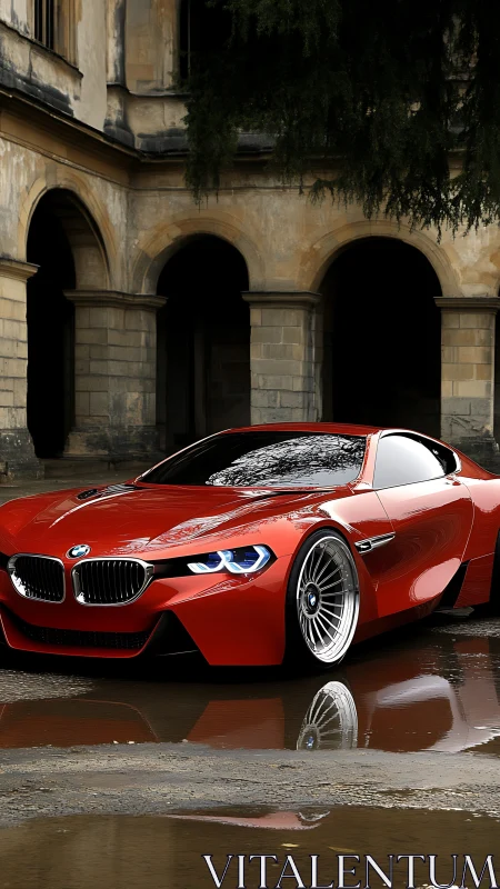 Red BMW concept coupe with wet reflections and stone arches.