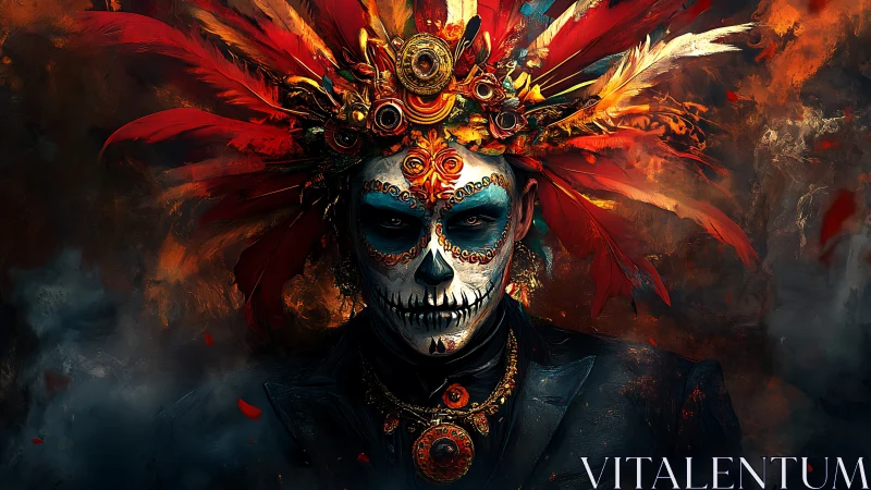 Flaming feathered calavera monarch stares through swirling smoke