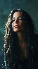 Portrait shows woman with long wet hair in directional light