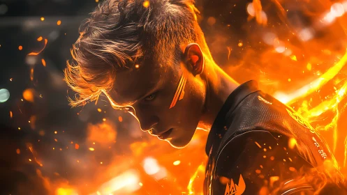 Digital painting portrait with dynamic ember-lit energy field.