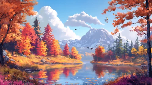 Autumn alpine lake reflects vibrant forest under clear sky