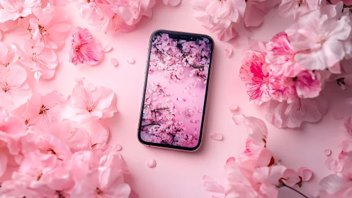 Smartphone Surrounded by Pink Cherry Blossoms.