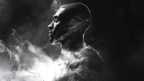 Monochrome profile silhouette in diffuse smoke field.