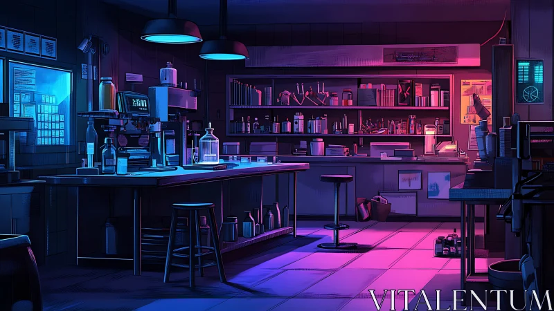 Neon-lit science lab interior with orderly workstations.