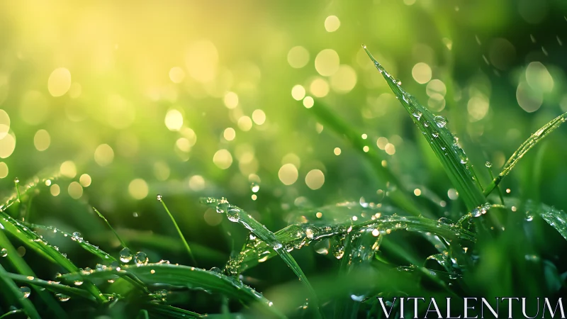 Dewlit grass blades under sunrise bokeh glow.