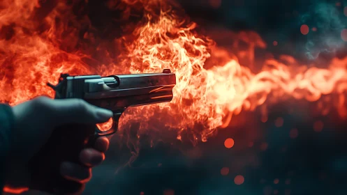 Semi-Automatic Handgun with Muzzle Flash Explosion and Teal Bokeh.