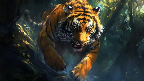 Jungle thunder: painted tiger hurtling through green shadows.