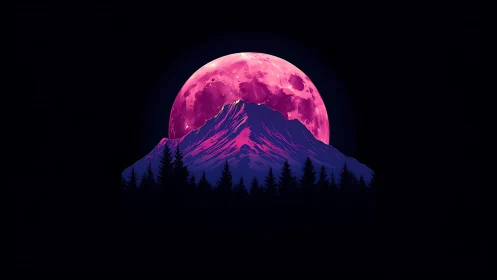 Neon moonrise behind purple mountain and dark pines.