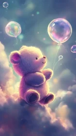 Soft glowing teddy bear with iridescent bubbles in clouds.